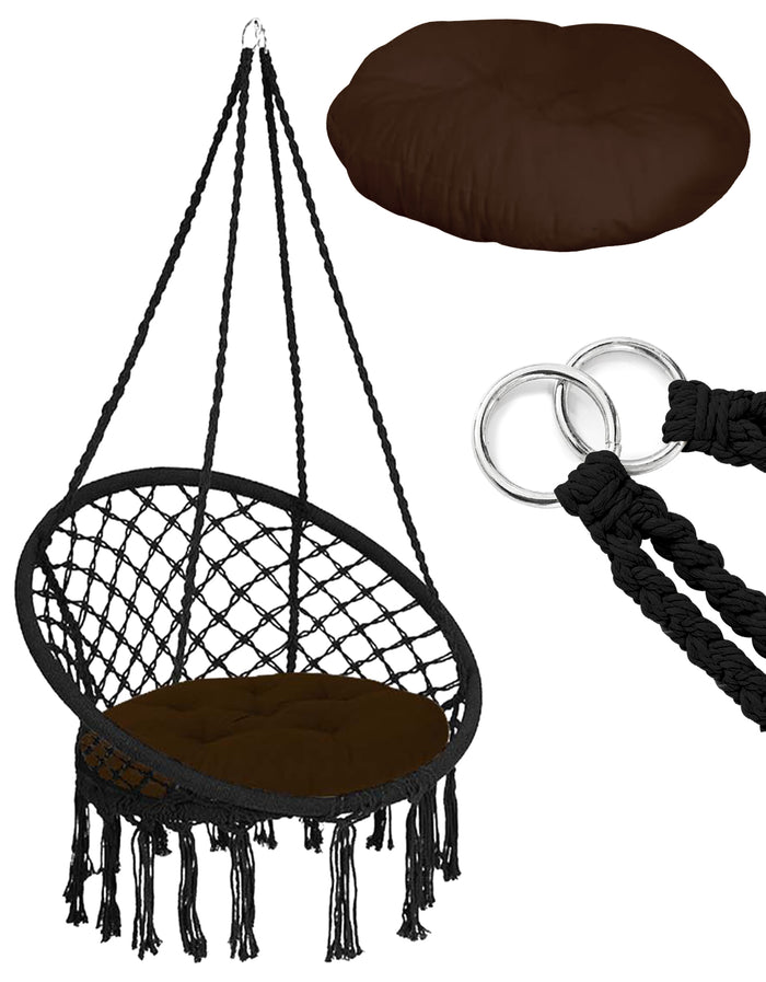 Sedia Sospesa ad Altalena Lavorata a maglia con Corda in Cotone Frange Macrame Nero