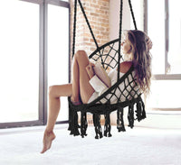 Sedia Sospesa ad Altalena Lavorata a maglia con Corda in Cotone Frange Macrame Nero