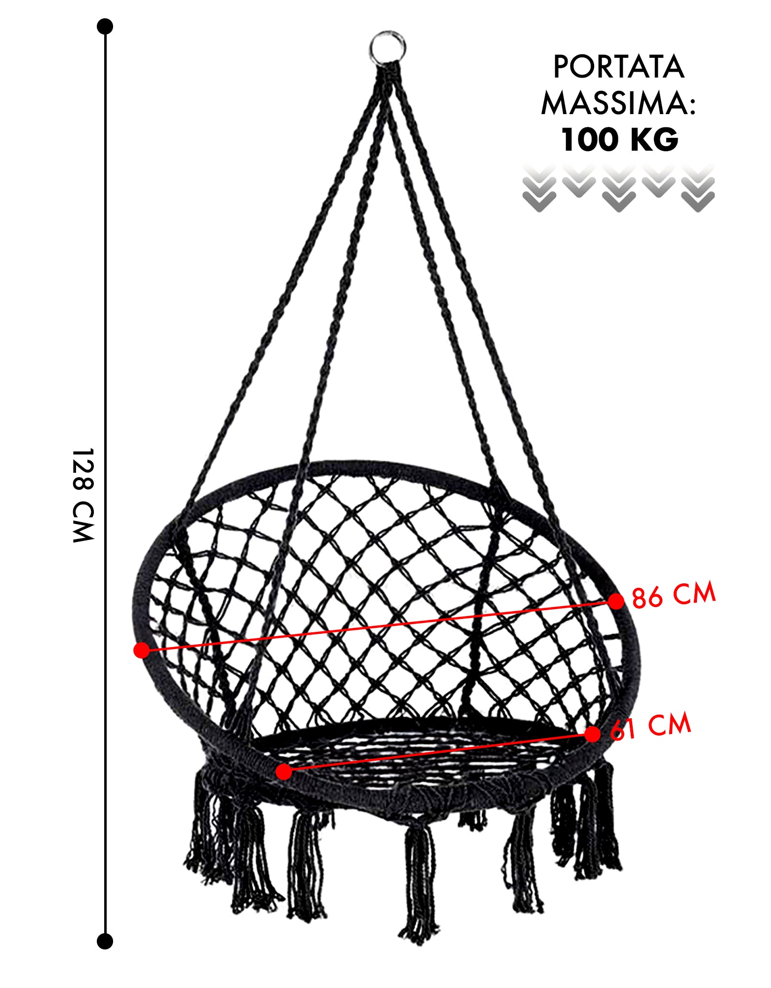 Sedia Sospesa ad Altalena Lavorata a maglia con Corda in Cotone Frange Macrame Nero