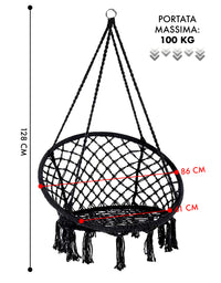 Sedia Sospesa ad Altalena Lavorata a maglia con Corda in Cotone Frange Macrame Nero