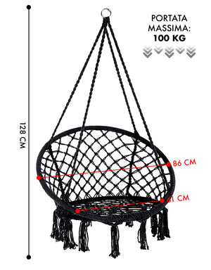 Sedia Sospesa ad Altalena Lavorata a maglia con Corda in Cotone Frange Macrame Nero