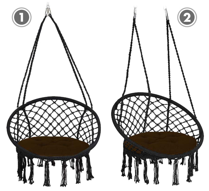 Sedia Sospesa ad Altalena Lavorata a maglia con Corda in Cotone Frange Macrame Nero