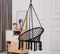 Sedia Sospesa ad Altalena Lavorata a maglia con Corda in Cotone Frange Macrame Nero