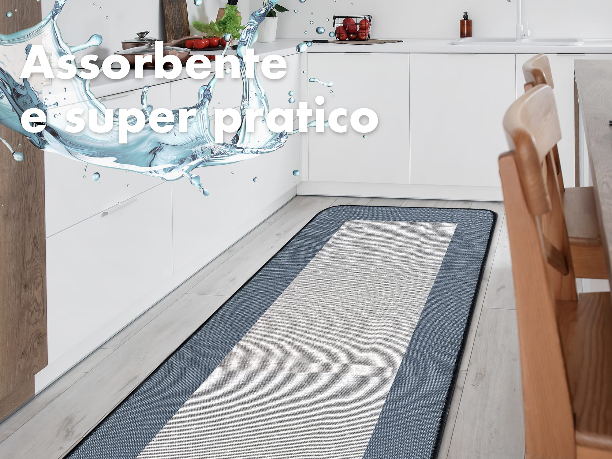 Tappeto Cucina Antiscivolo Assorbente Bordato Made in Italy Morbido Passatoia Multiuso Con Bordi Antisfilacciamento Corridoio Soggiorno Lavabile in Lavatrice Blu - 60x320 cm