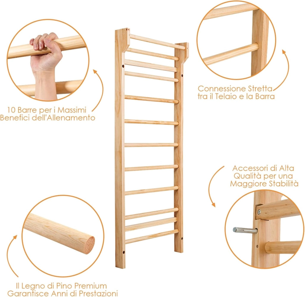 Spalliera Svedese Adulti e Bambini, Scala Svedese in Legno a 10 Gradini, Spalliera Palestra e Casa, Carico Massimo 100 kg, 195 x 80 x 14 cm