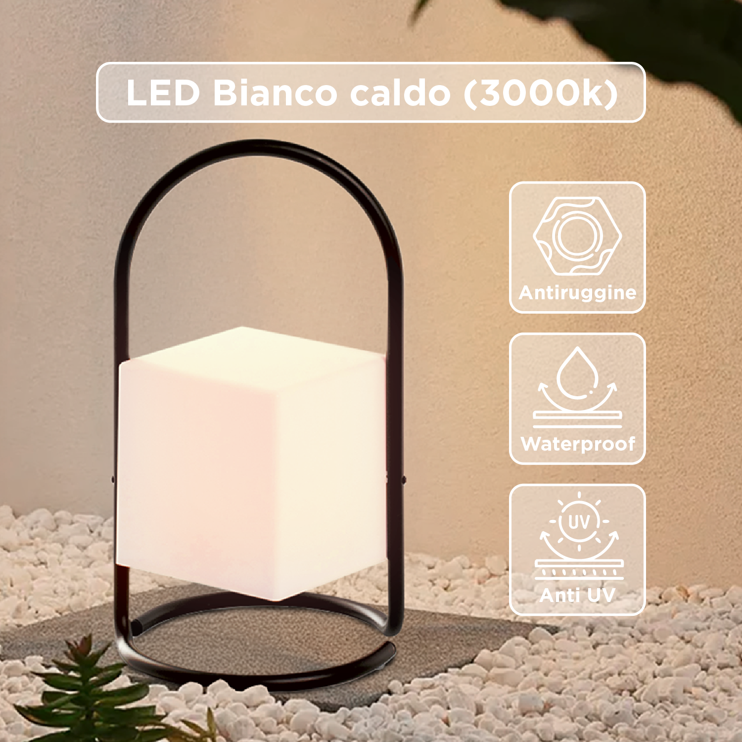 Lampada Da Esterno Led Lanterna Impermeabile Resistente Design Moderno Tavolo Arredo Giardino Luce Colore Bianco Caldo/Freddo Struttura Metallo Antiruggine Certificata RoHS Trasportabile Iksan