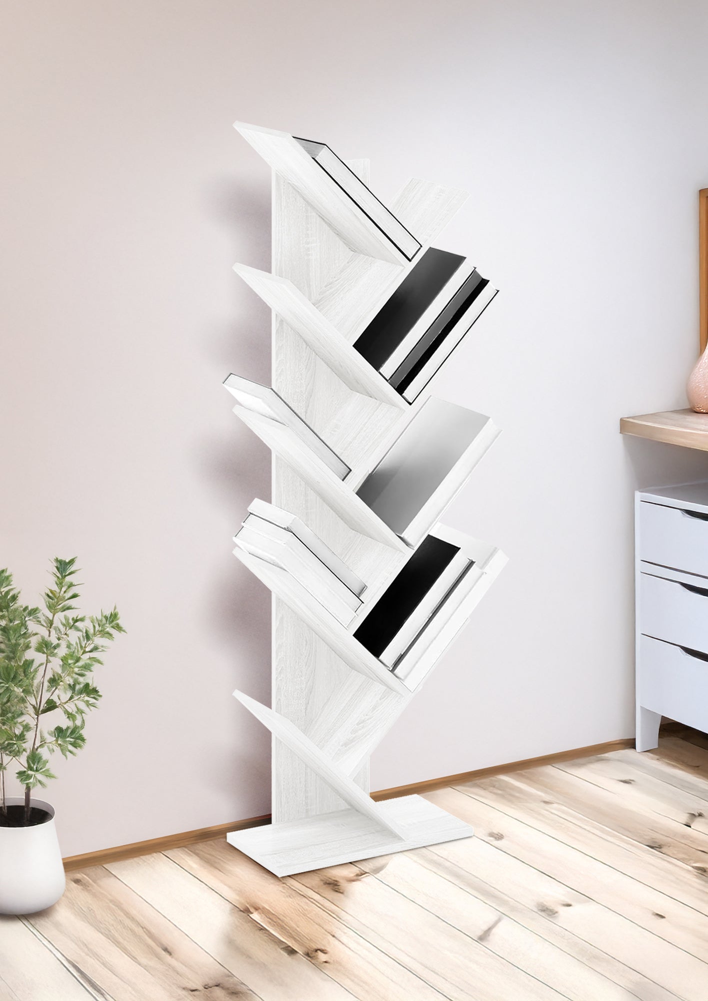 Liberia In Legno A Forma Ad Albero Scaffale 9 Ripiani Salvaspazio Verticale Camera Letto Soggiorno Studio Ufficio  Libro Mensola A Colonna Porta Libri Stile industrial Torre Bianco