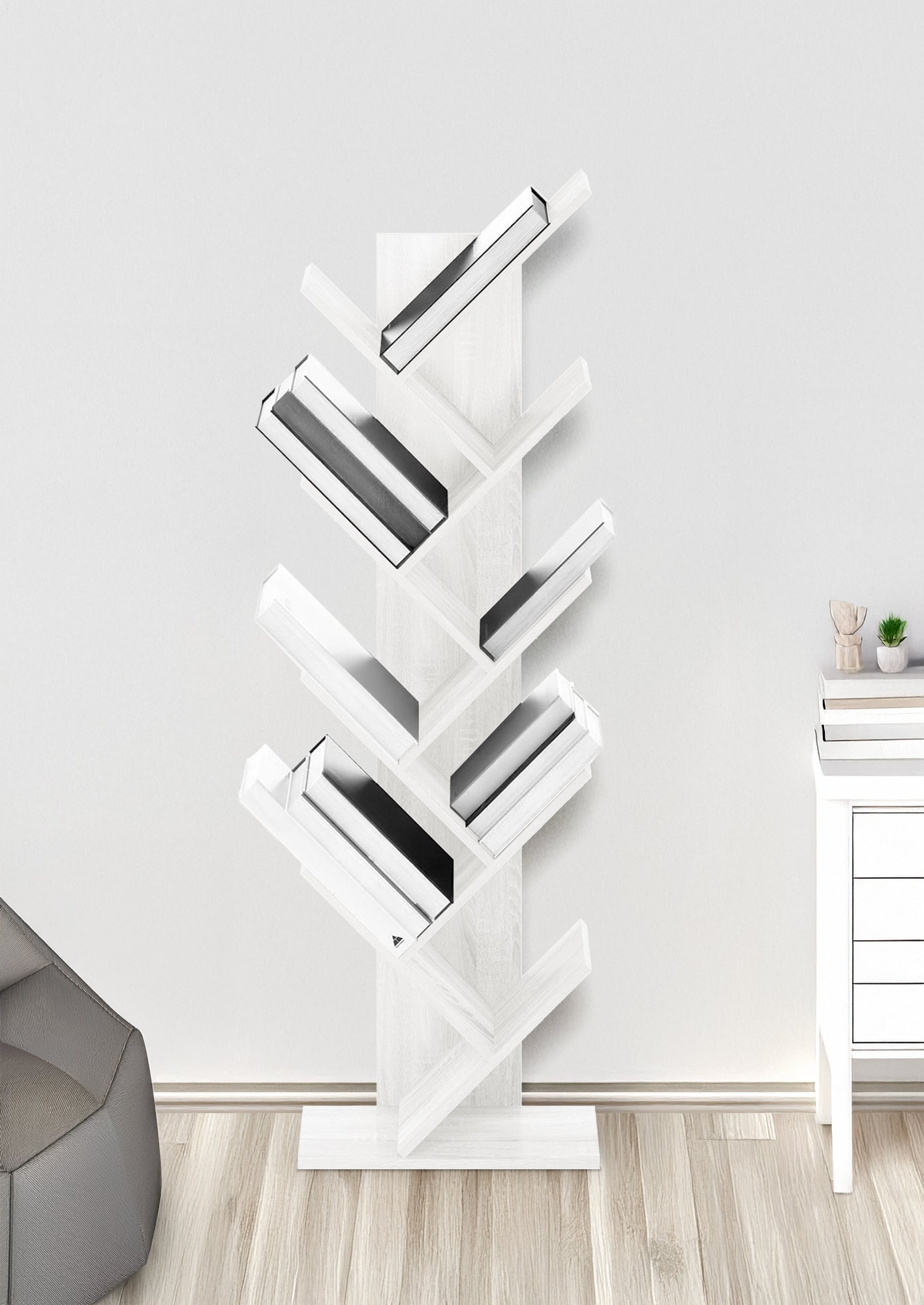 Liberia In Legno A Forma Ad Albero Scaffale 9 Ripiani Salvaspazio Verticale Camera Letto Soggiorno Studio Ufficio  Libro Mensola A Colonna Porta Libri Stile industrial Torre Bianco