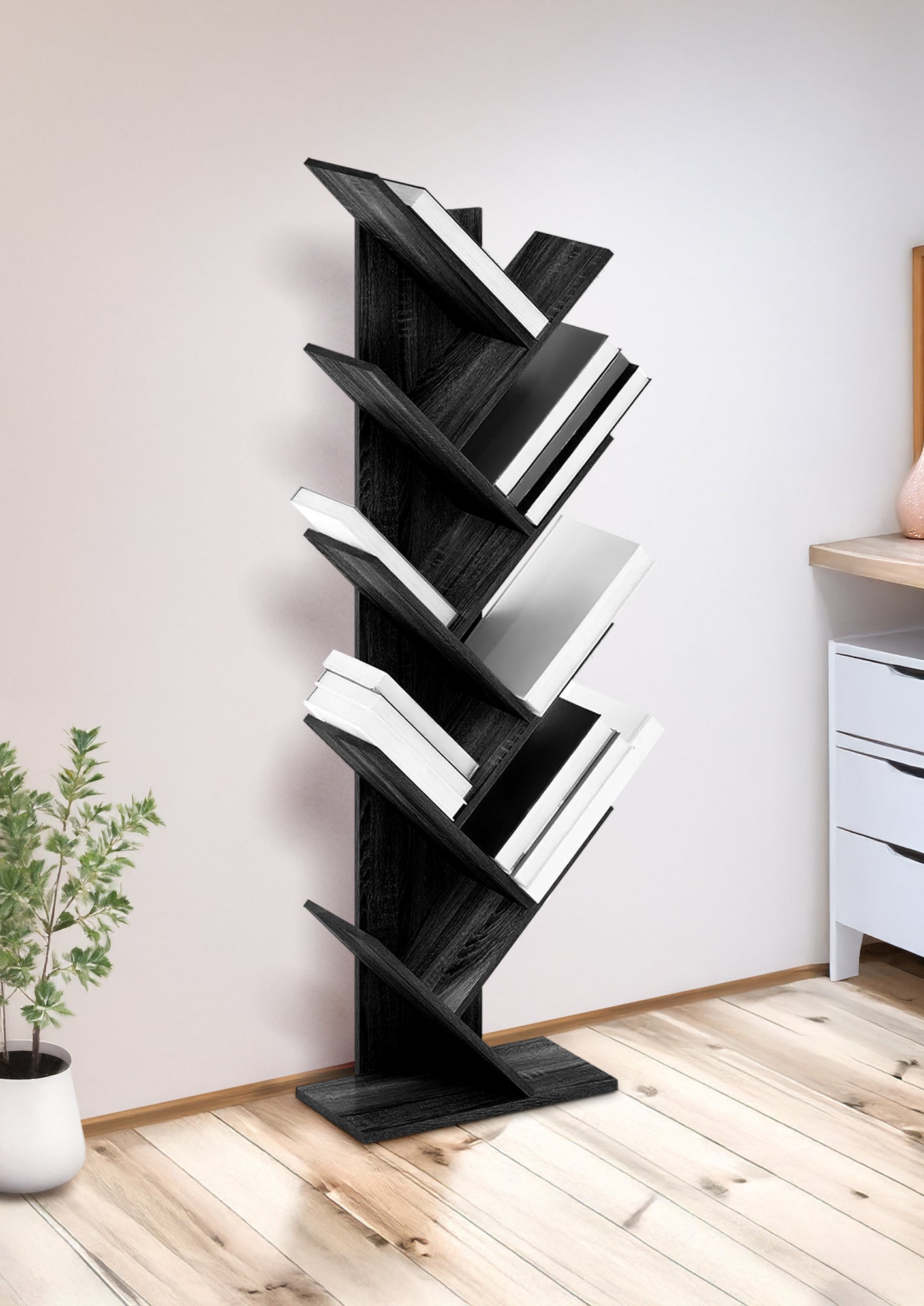 Liberia In Legno A Forma Ad Albero Scaffale 9 Ripiani Salvaspazio Verticale Camera Letto Soggiorno Studio Ufficio  Libro Mensola A Colonna Porta Libri Stile industrial Torre Nero