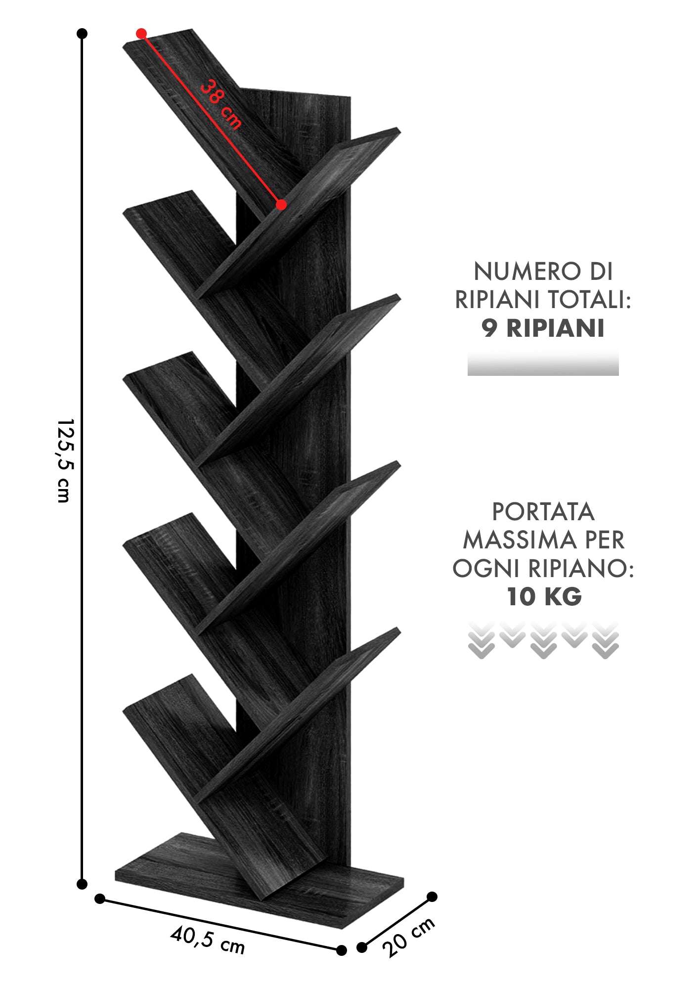 Liberia In Legno A Forma Ad Albero Scaffale 9 Ripiani Salvaspazio Verticale Camera Letto Soggiorno Studio Ufficio  Libro Mensola A Colonna Porta Libri Stile industrial Torre Nero