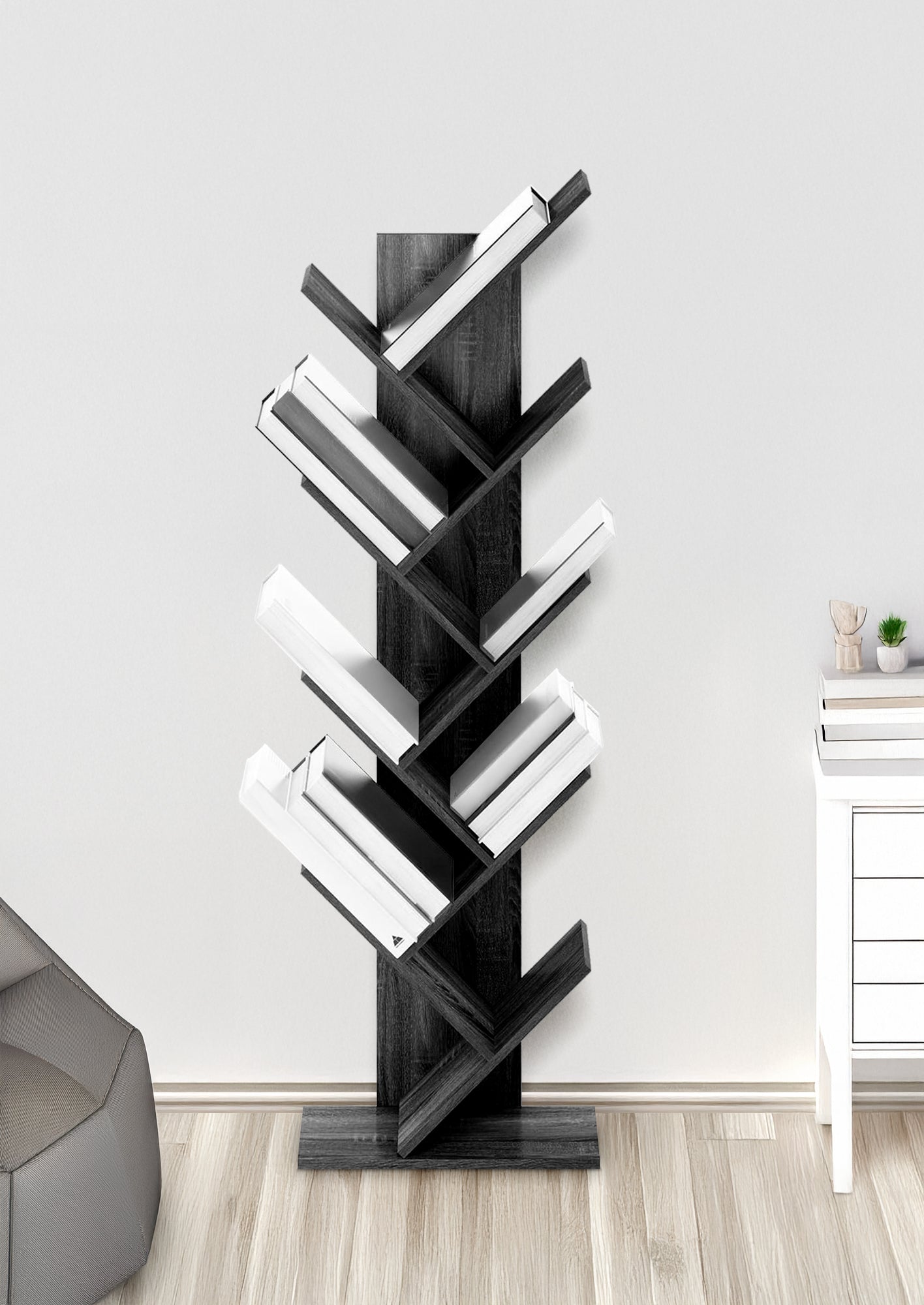 Liberia In Legno A Forma Ad Albero Scaffale 9 Ripiani Salvaspazio Verticale Camera Letto Soggiorno Studio Ufficio  Libro Mensola A Colonna Porta Libri Stile industrial Torre Nero