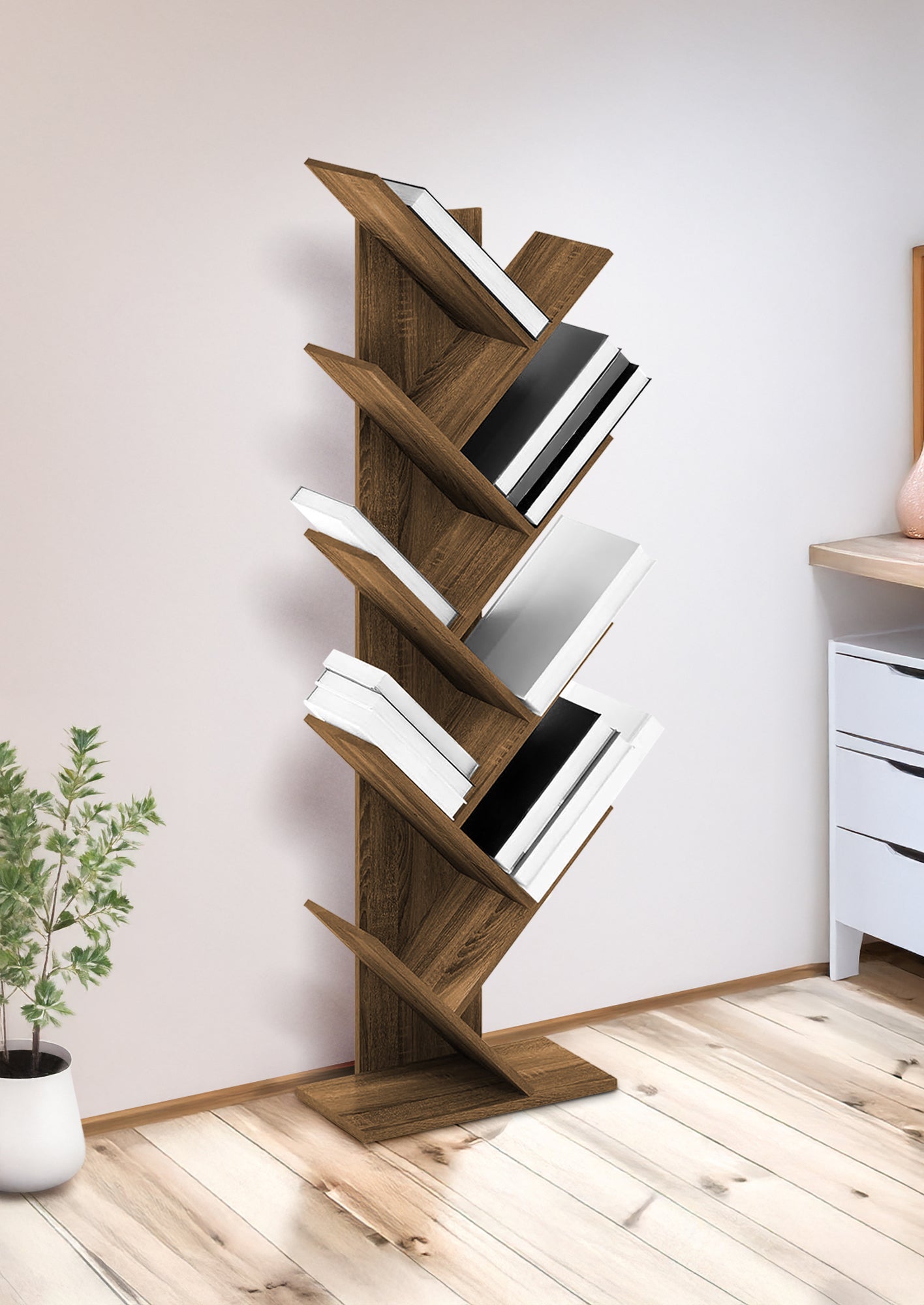 Liberia In Legno A Forma Ad Albero Scaffale 9 Ripiani Salvaspazio Verticale Camera Letto Soggiorno Studio Ufficio  Libro Mensola A Colonna Porta Libri Stile industrial Torre Rustico