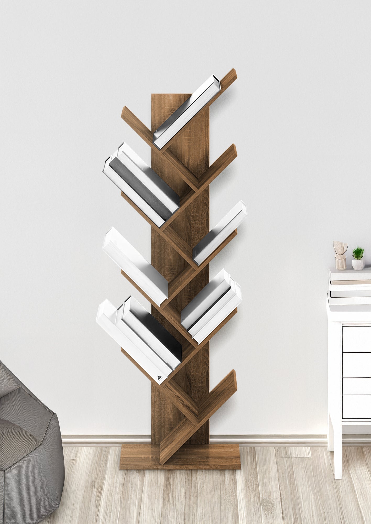 Liberia In Legno A Forma Ad Albero Scaffale 9 Ripiani Salvaspazio Verticale Camera Letto Soggiorno Studio Ufficio  Libro Mensola A Colonna Porta Libri Stile industrial Torre Rustico