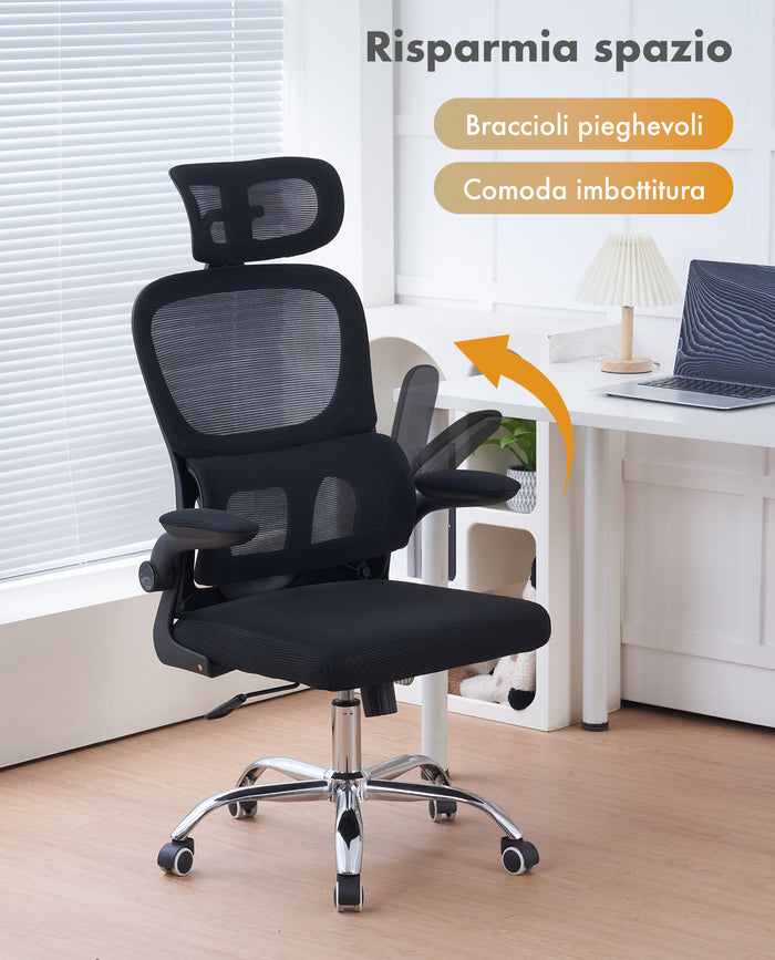 Sedia Da Ufficio Professionale Ergonomica Rete Traspirante Supporto Lombare Adattivo Poltrona Direzionale Poggiatesta Regolabile Braccioli Ribaltabili Sedie Da Scrivania Lavoro Scuola Casa Fino 150 Kg  Nero
