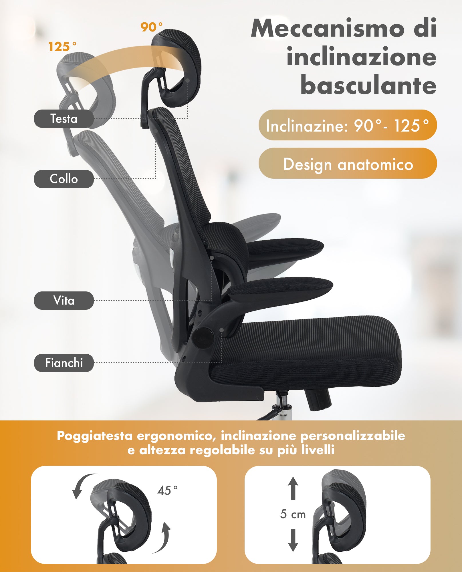 Sedia Da Ufficio Professionale Ergonomica Rete Traspirante Supporto Lombare Adattivo Poltrona Direzionale Poggiatesta Regolabile Braccioli Ribaltabili Sedie Da Scrivania Lavoro Scuola Casa Fino 150 Kg  Nero