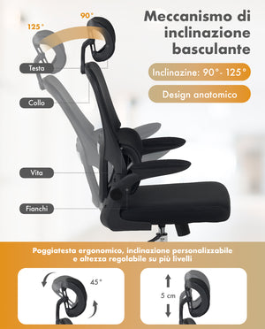 Sedia Da Ufficio Professionale Ergonomica Rete Traspirante Supporto Lombare Adattivo Poltrona Direzionale Poggiatesta Regolabile Braccioli Ribaltabili Sedie Da Scrivania Lavoro Scuola Casa Fino 150 Kg  Nero