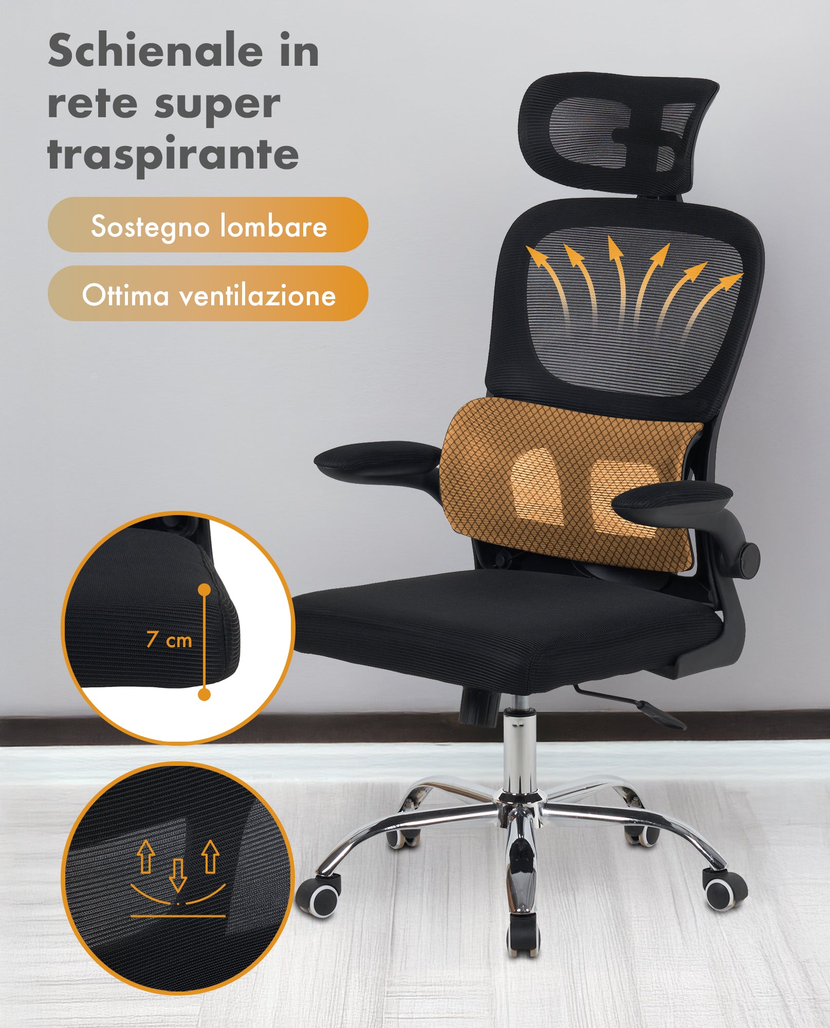 Sedia Da Ufficio Professionale Ergonomica Rete Traspirante Supporto Lombare Adattivo Poltrona Direzionale Poggiatesta Regolabile Braccioli Ribaltabili Sedie Da Scrivania Lavoro Scuola Casa Fino 150 Kg  Nero