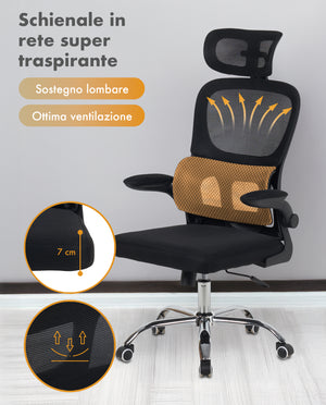 Sedia Da Ufficio Professionale Ergonomica Rete Traspirante Supporto Lombare Adattivo Poltrona Direzionale Poggiatesta Regolabile Braccioli Ribaltabili Sedie Da Scrivania Lavoro Scuola Casa Fino 150 Kg  Nero