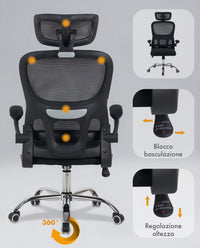 Sedia Da Ufficio Professionale Ergonomica Rete Traspirante Supporto Lombare Adattivo Poltrona Direzionale Poggiatesta Regolabile Braccioli Ribaltabili Sedie Da Scrivania Lavoro Scuola Casa Fino 150 Kg  Nero