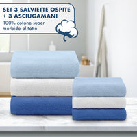 Asciugamani Bagno 100% Spugna Puro Cotone 450 Gr 6 Pezzi 3 Salvietta Viso 3 Asciugamano Ospite Mani Qualità Salviette Super Morbide Bicolore Azzurro