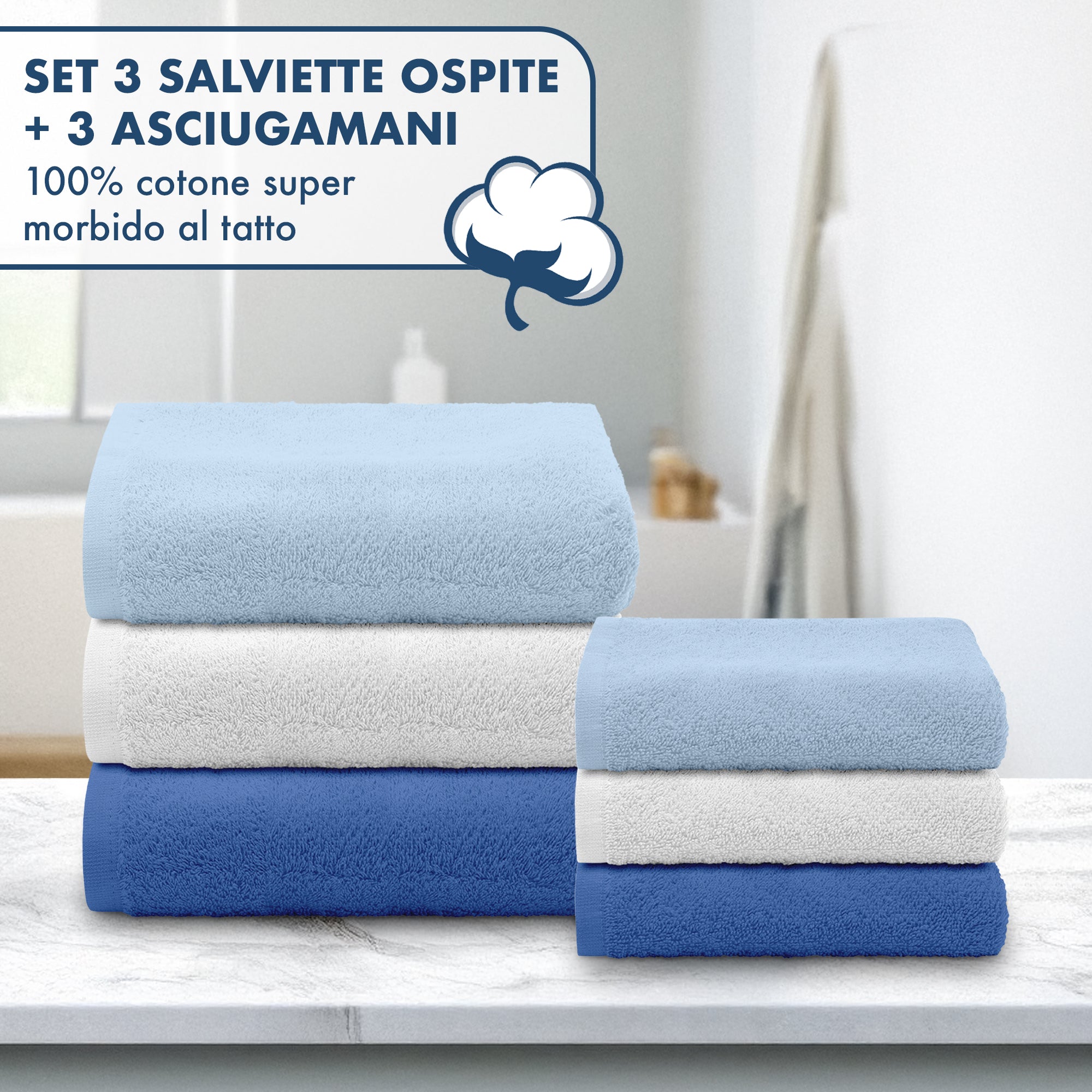 Asciugamani Bagno 100% Spugna Puro Cotone 450 Gr 6 Pezzi 3 Salvietta Viso 3 Asciugamano Ospite Mani Qualità Salviette Super Morbide Bicolore Azzurro
