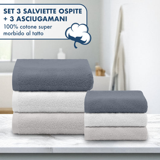 Asciugamani Bagno 100% Spugna Puro Cotone 450 Gr 6 Pezzi 3 Salvietta Viso 3 Asciugamano Ospite Mani Qualità Salviette Super Morbide Bicolore Grigio