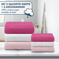 Asciugamani Bagno 100% Spugna Puro Cotone 450 Gr 6 Pezzi 3 Salvietta Viso 3 Asciugamano Ospite Mani Qualità Salviette Super Morbide Bicolore Rosa