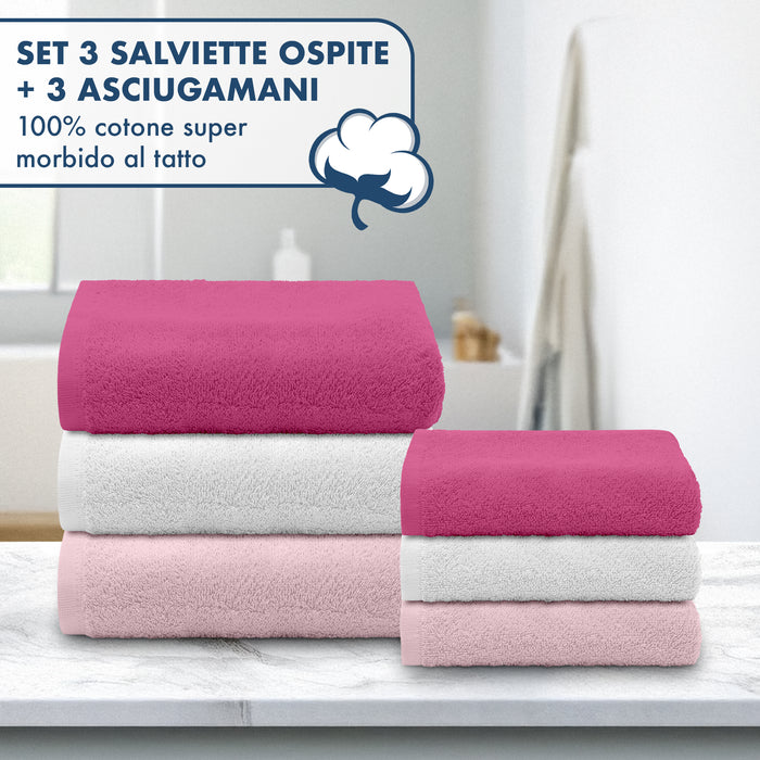 Asciugamani Bagno 100% Spugna Puro Cotone 450 Gr 6 Pezzi 3 Salvietta Viso 3 Asciugamano Ospite Mani Qualità Salviette Super Morbide Bicolore Rosa
