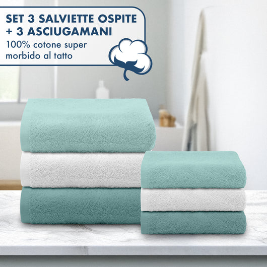 Asciugamani Bagno 100% Spugna Puro Cotone 450 Gr 6 Pezzi 3 Salvietta Viso 3 Asciugamano Ospite Mani Qualità Salviette Super Morbide Bicolore VerdeAcqua