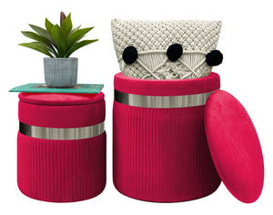Set Di 2 Pouf Contenitori In Velluto Design Moderno Poggiapiedi,Sgabello Tondo con Coperchio Rimovibile e Seduta Imbottita Alta DensitÃ  Con Fascia In Metallo Contenitore Capiente Storage Box Bordeaux