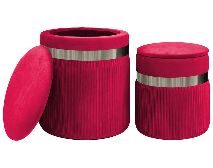 Set Di 2 Pouf Contenitori In Velluto Design Moderno Poggiapiedi,Sgabello Tondo con Coperchio Rimovibile e Seduta Imbottita Alta DensitÃ  Con Fascia In Metallo Contenitore Capiente Storage Box Bordeaux