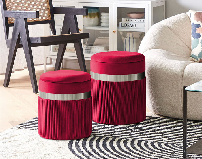 Set Di 2 Pouf Contenitori In Velluto Design Moderno Poggiapiedi,Sgabello Tondo con Coperchio Rimovibile e Seduta Imbottita Alta DensitÃ  Con Fascia In Metallo Contenitore Capiente Storage Box Bordeaux