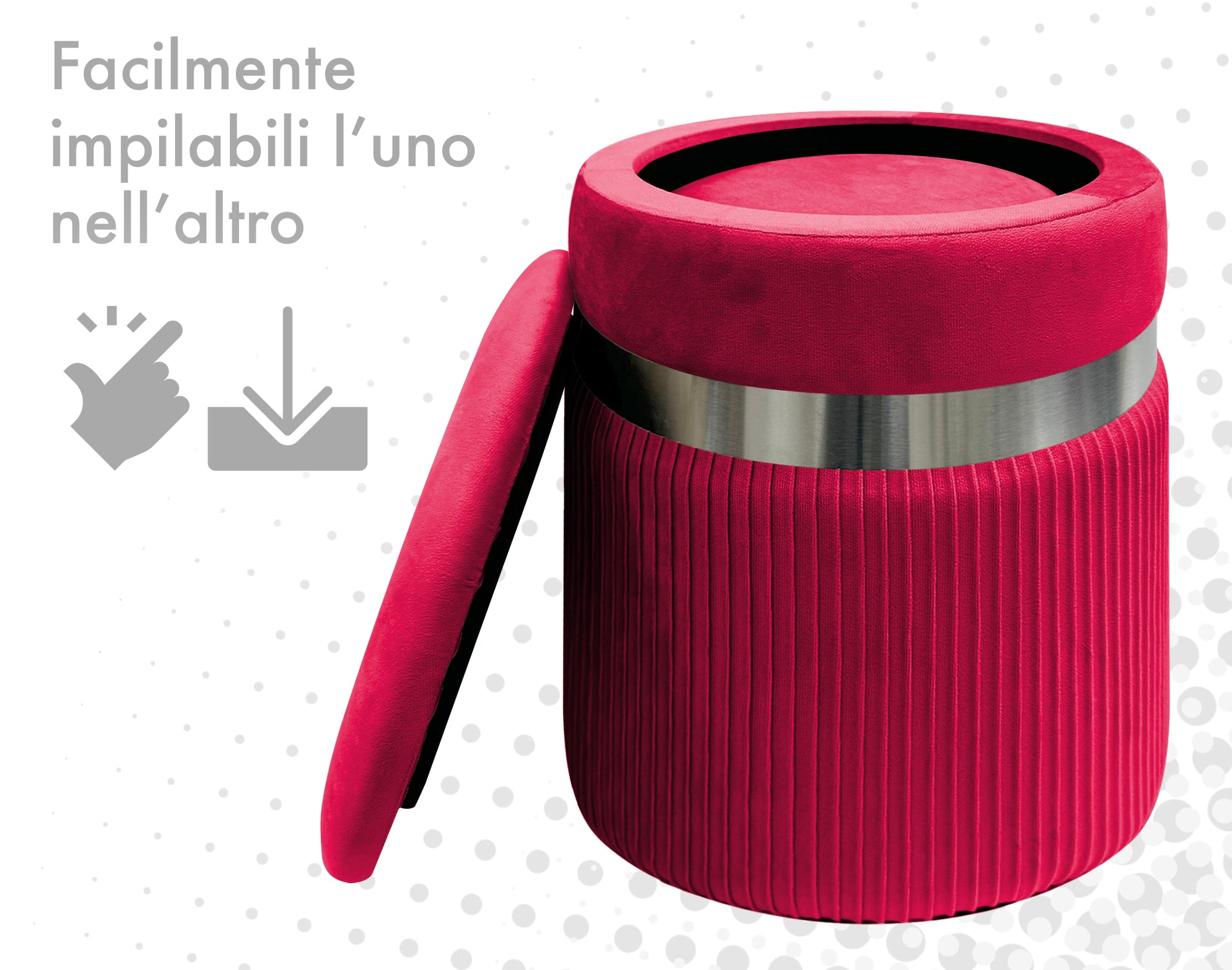 Set Di 2 Pouf Contenitori In Velluto Design Moderno Poggiapiedi,Sgabello Tondo con Coperchio Rimovibile e Seduta Imbottita Alta DensitÃ  Con Fascia In Metallo Contenitore Capiente Storage Box Bordeaux