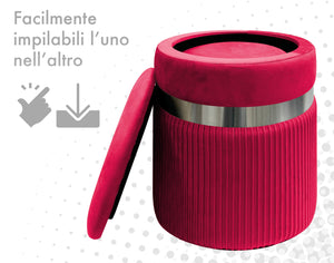 Set Di 2 Pouf Contenitori In Velluto Design Moderno Poggiapiedi,Sgabello Tondo con Coperchio Rimovibile e Seduta Imbottita Alta DensitÃ  Con Fascia In Metallo Contenitore Capiente Storage Box Bordeaux