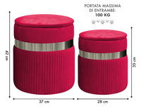 Set Di 2 Pouf Contenitori In Velluto Design Moderno Poggiapiedi,Sgabello Tondo con Coperchio Rimovibile e Seduta Imbottita Alta DensitÃ  Con Fascia In Metallo Contenitore Capiente Storage Box Bordeaux
