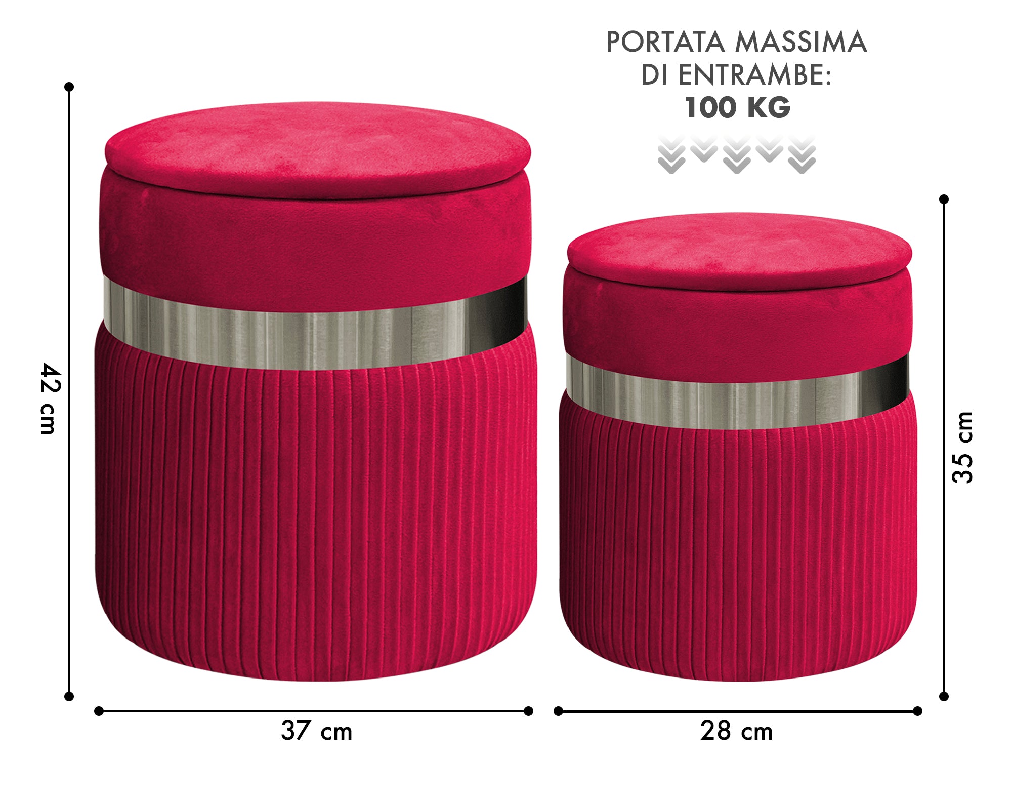 Set Di 2 Pouf Contenitori In Velluto Design Moderno Poggiapiedi,Sgabello Tondo con Coperchio Rimovibile e Seduta Imbottita Alta DensitÃ  Con Fascia In Metallo Contenitore Capiente Storage Box Bordeaux