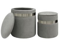 Set Di 2 Pouf Contenitori In Velluto Design Moderno Poggiapiedi,Sgabello Tondo con Coperchio Rimovibile e Seduta Imbottita Alta DensitÃ  Con Fascia In Metallo Contenitore Capiente Storage Box Grigio scuro