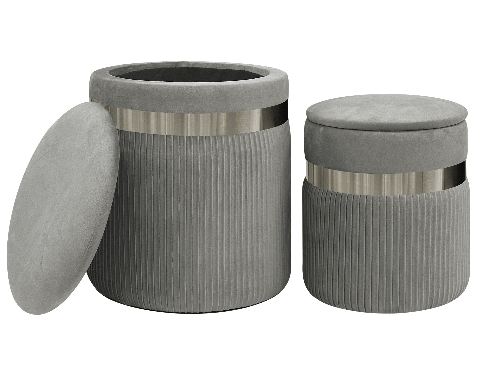 Set Di 2 Pouf Contenitori In Velluto Design Moderno Poggiapiedi,Sgabello Tondo con Coperchio Rimovibile e Seduta Imbottita Alta DensitÃ  Con Fascia In Metallo Contenitore Capiente Storage Box Grigio scuro