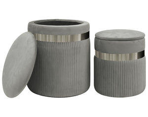 Set Di 2 Pouf Contenitori In Velluto Design Moderno Poggiapiedi,Sgabello Tondo con Coperchio Rimovibile e Seduta Imbottita Alta DensitÃ  Con Fascia In Metallo Contenitore Capiente Storage Box Grigio scuro