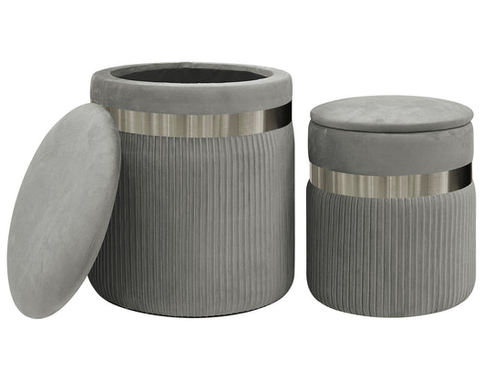Set Di 2 Pouf Contenitori In Velluto Design Moderno Poggiapiedi,Sgabello Tondo con Coperchio Rimovibile e Seduta Imbottita Alta DensitÃ  Con Fascia In Metallo Contenitore Capiente Storage Box Grigio scuro