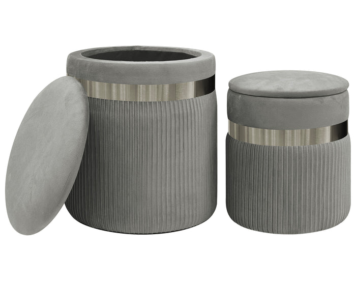 Set Di 2 Pouf Contenitori In Velluto Design Moderno Poggiapiedi,Sgabello Tondo con Coperchio Rimovibile e Seduta Imbottita Alta DensitÃ  Con Fascia In Metallo Contenitore Capiente Storage Box Grigio scuro