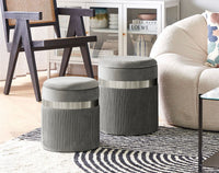 Set Di 2 Pouf Contenitori In Velluto Design Moderno Poggiapiedi,Sgabello Tondo con Coperchio Rimovibile e Seduta Imbottita Alta DensitÃ  Con Fascia In Metallo Contenitore Capiente Storage Box Grigio scuro