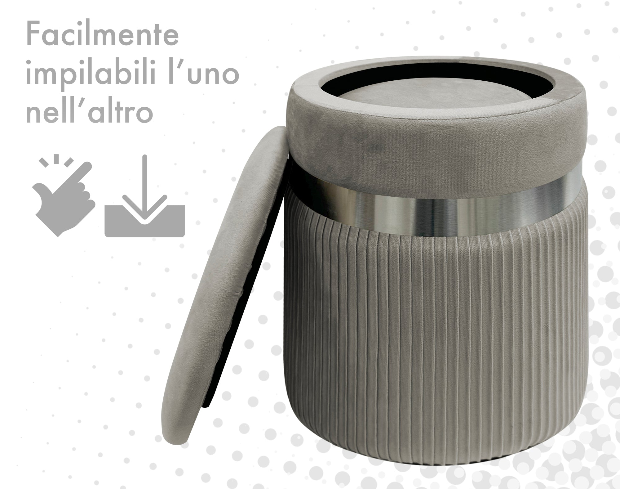 Set Di 2 Pouf Contenitori In Velluto Design Moderno Poggiapiedi,Sgabello Tondo con Coperchio Rimovibile e Seduta Imbottita Alta DensitÃ  Con Fascia In Metallo Contenitore Capiente Storage Box Grigio scuro