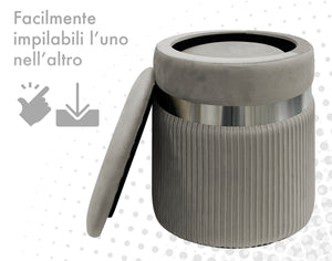 Set Di 2 Pouf Contenitori In Velluto Design Moderno Poggiapiedi,Sgabello Tondo con Coperchio Rimovibile e Seduta Imbottita Alta DensitÃ  Con Fascia In Metallo Contenitore Capiente Storage Box Grigio scuro