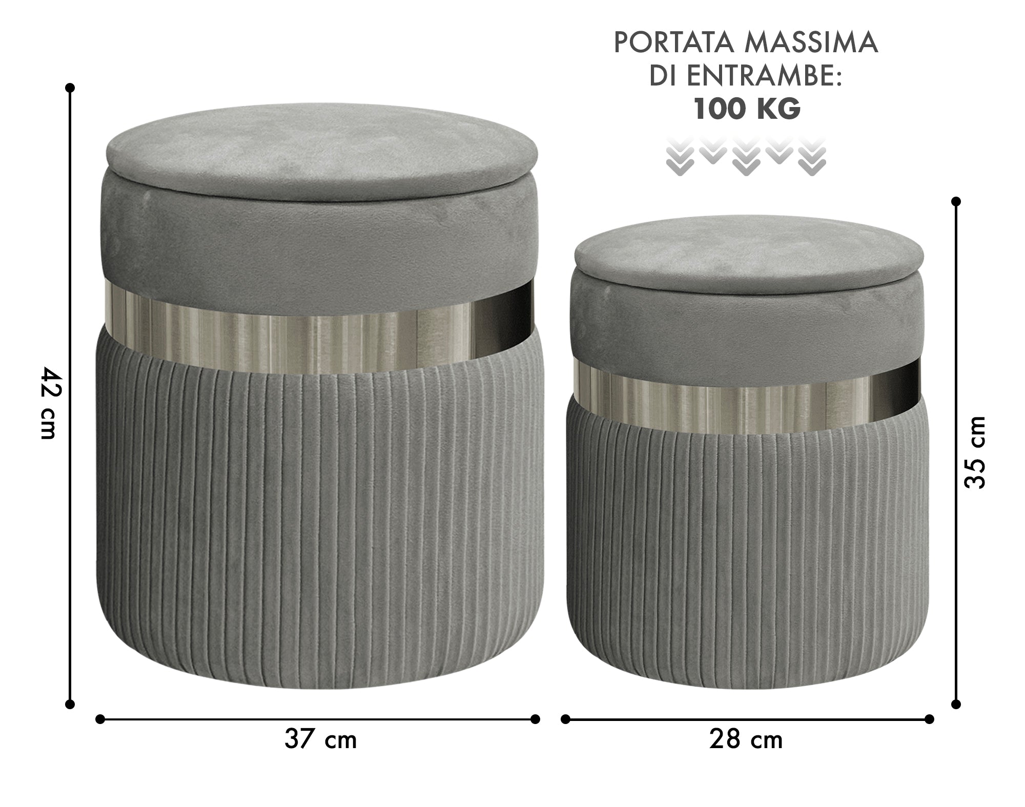 Set Di 2 Pouf Contenitori In Velluto Design Moderno Poggiapiedi,Sgabello Tondo con Coperchio Rimovibile e Seduta Imbottita Alta DensitÃ  Con Fascia In Metallo Contenitore Capiente Storage Box Grigio scuro