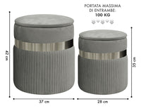 Set Di 2 Pouf Contenitori In Velluto Design Moderno Poggiapiedi,Sgabello Tondo con Coperchio Rimovibile e Seduta Imbottita Alta DensitÃ  Con Fascia In Metallo Contenitore Capiente Storage Box Grigio scuro