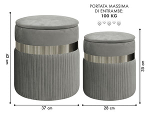 Set Di 2 Pouf Contenitori In Velluto Design Moderno Poggiapiedi,Sgabello Tondo con Coperchio Rimovibile e Seduta Imbottita Alta DensitÃ  Con Fascia In Metallo Contenitore Capiente Storage Box Grigio scuro