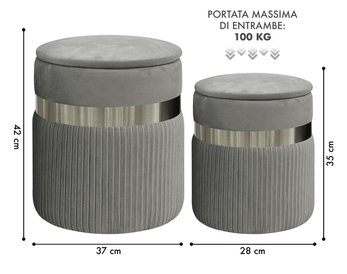 Set Di 2 Pouf Contenitori In Velluto Design Moderno Poggiapiedi,Sgabello Tondo con Coperchio Rimovibile e Seduta Imbottita Alta DensitÃ  Con Fascia In Metallo Contenitore Capiente Storage Box Grigio scuro