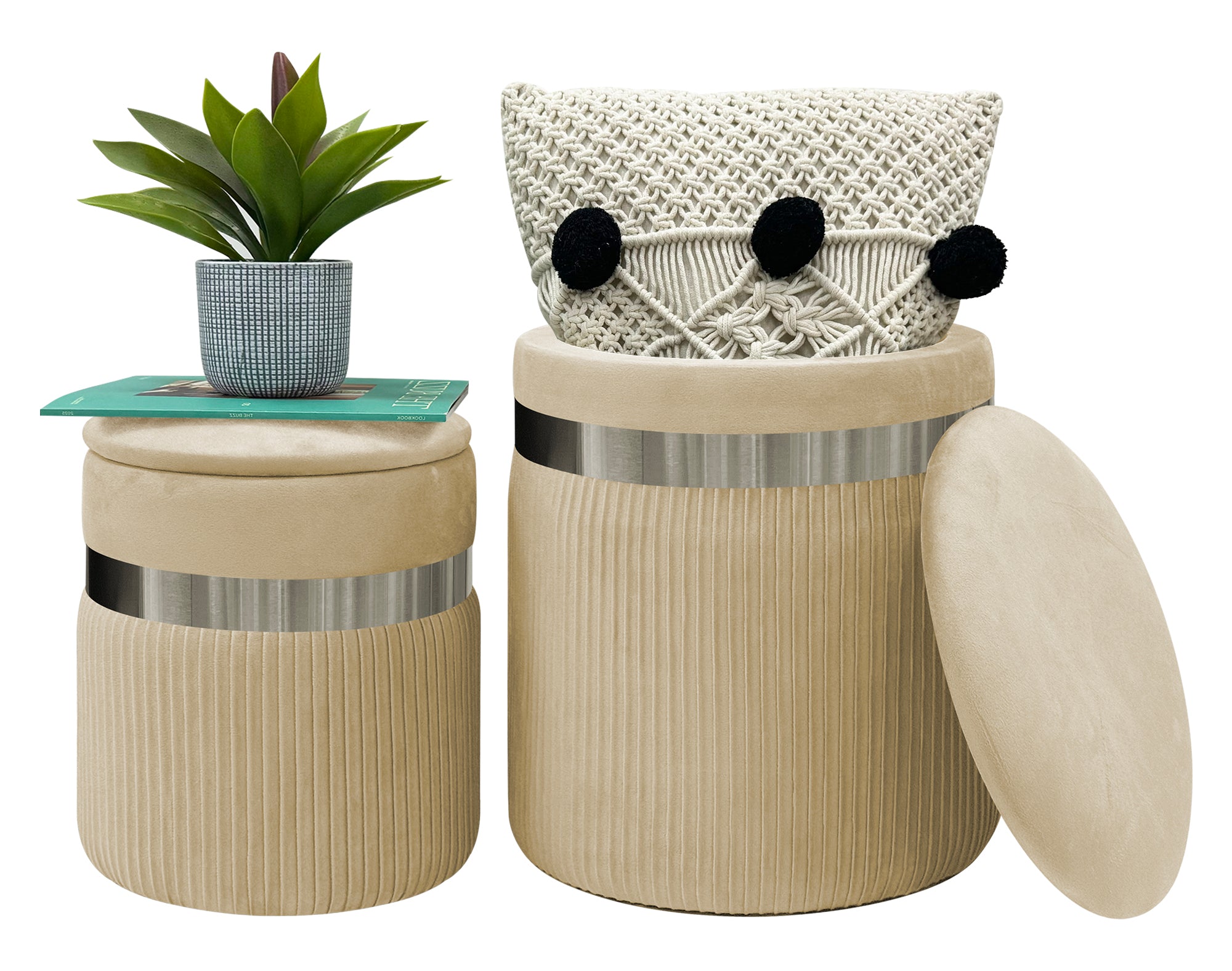 Set Di 2 Pouf Contenitori In Velluto Design Moderno Poggiapiedi,Sgabello Tondo con Coperchio Rimovibile e Seduta Imbottita Alta DensitÃ  Con Fascia In Metallo Contenitore Capiente Storage Box Panna