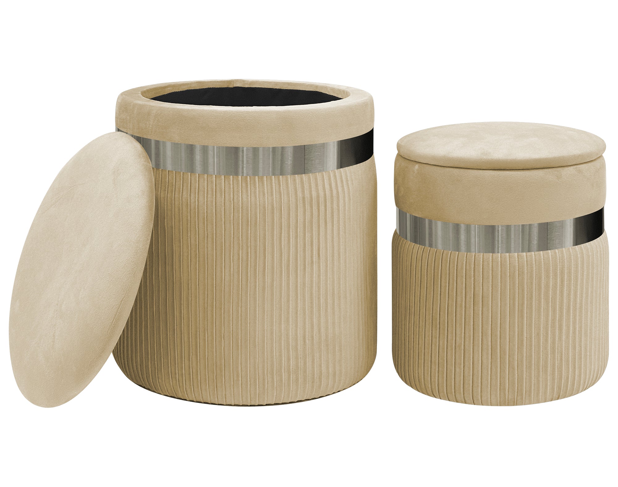 Set Di 2 Pouf Contenitori In Velluto Design Moderno Poggiapiedi,Sgabello Tondo con Coperchio Rimovibile e Seduta Imbottita Alta DensitÃ  Con Fascia In Metallo Contenitore Capiente Storage Box Panna